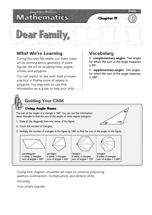 Letter To Family - Geometry Of Plane Figuers Printable pdf