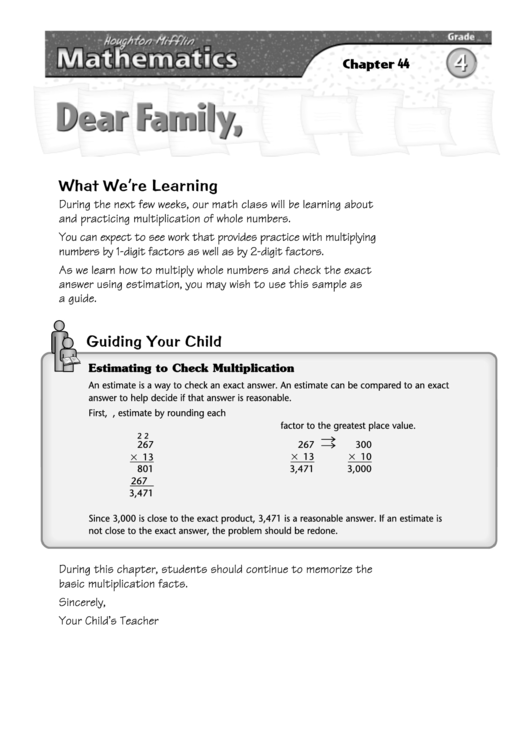 Letter To Family - Practice Multiplying Numbers By 1 And 2-Digit Factors Printable pdf