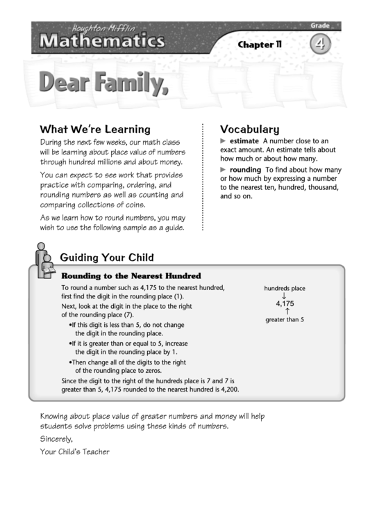 Letter To Family - Value Of Numbers Through Hundred Millions And Money Printable pdf
