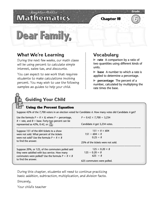 Letter To Family - Calculating Simple Interest, Sales Tax And Discounts Printable pdf