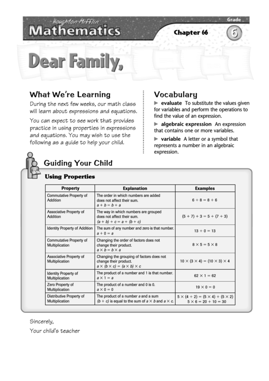 Letter To Family - Expressions And Equations Printable pdf
