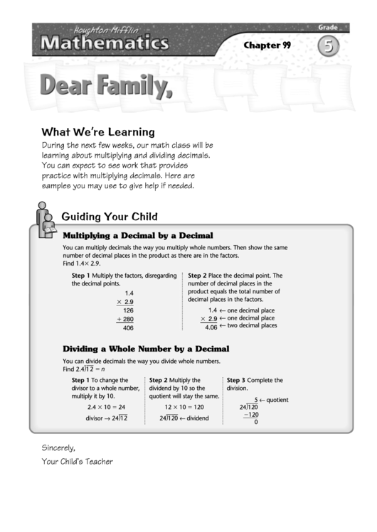 Letter To Family - Multiplying And Dividing Decimals Printable pdf