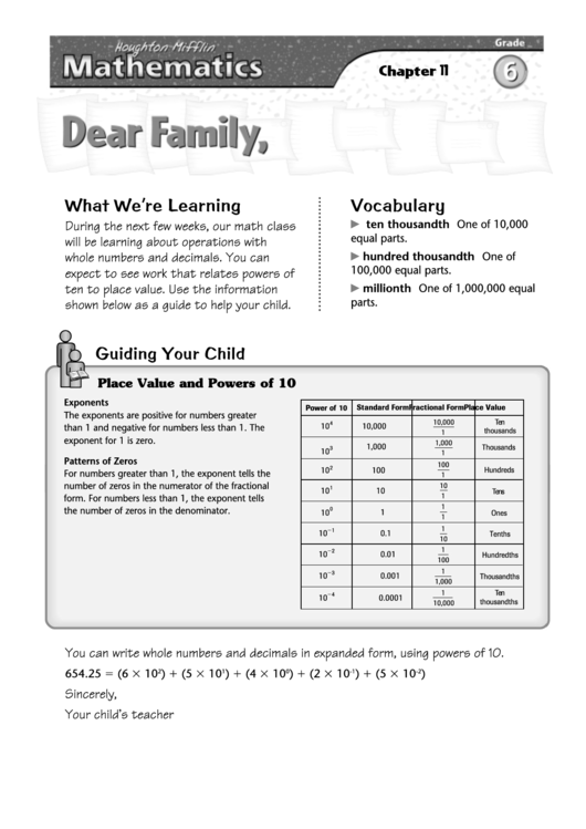 Letter To Family - Operations With Whole Numbers And Decimals Printable pdf