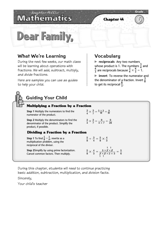 Letter To Family - Operations With Fractions Printable pdf