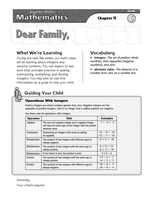 Letter To Family - Integers And Rational Numbers Printable pdf