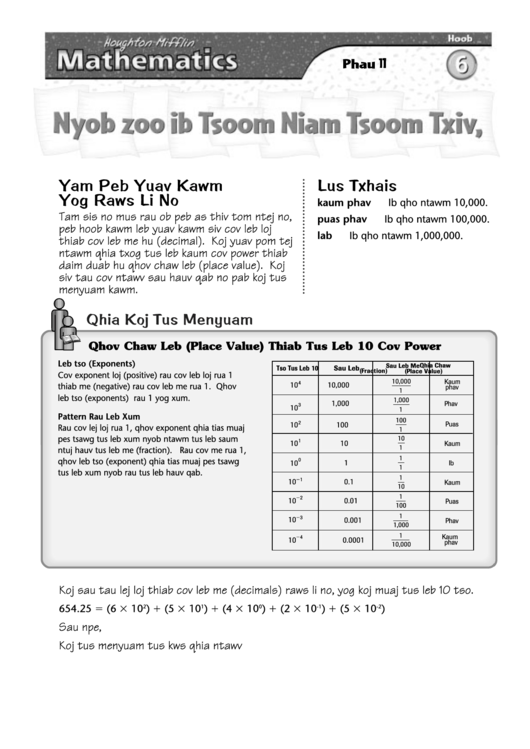 Letter To Family - Numbers, Placing Value And Decimals (In Hmong) Printable pdf