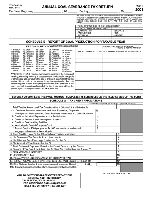 Form Wv/sev-401c - Annual Coal Severance Tax Return - 2001 Printable pdf
