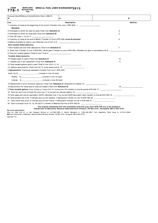 Fillable Form 776-1 - Maryland Motor Fuel Tax - Special Fuel User Worksheet - 2013 Printable pdf