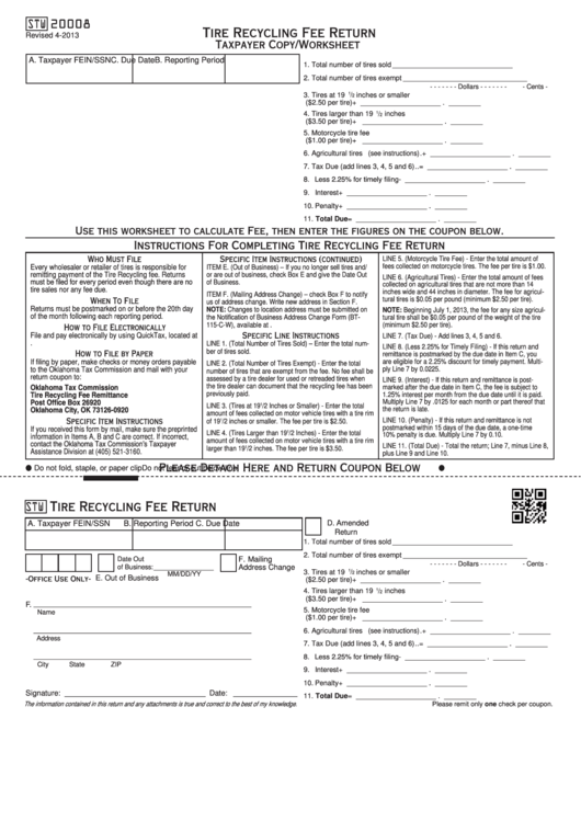 Fillable Form Stw20008 - Tire Recycling Fee Return Printable pdf