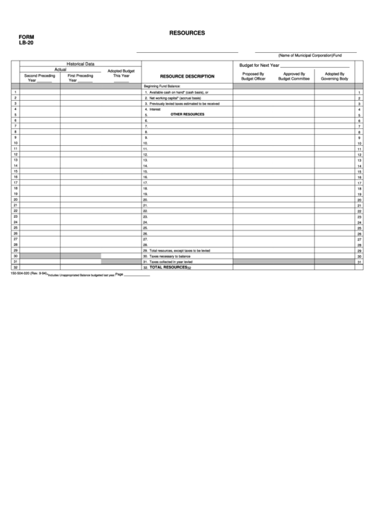 Fillable Form Lb-20 - Resources - 1994 Printable pdf