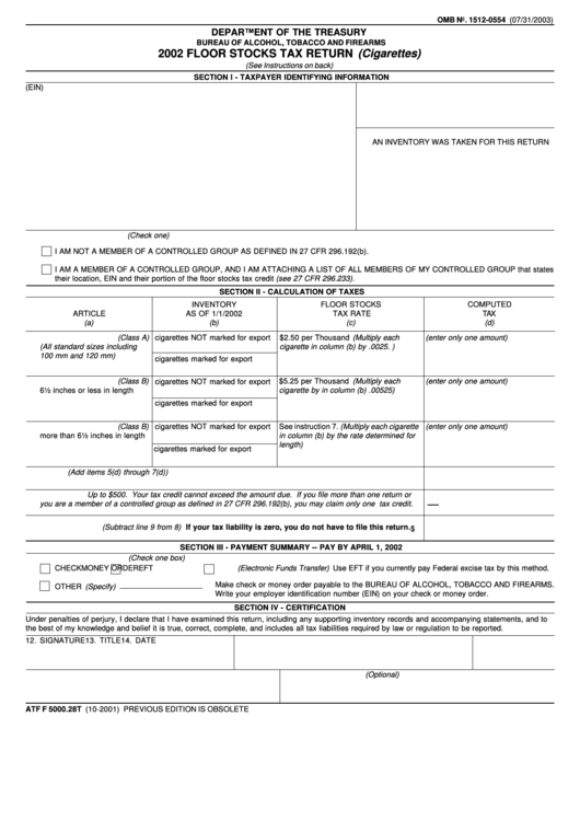 Form F5000.28t - Floor Stocks Tax Return - 2002 Printable pdf
