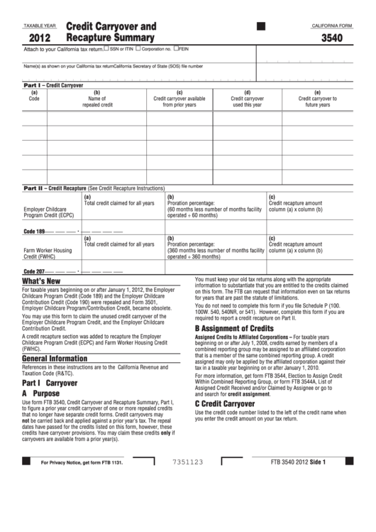 Fillable California Form 3540 - Credit Carryover And Recapture Summary - 2012 Printable pdf
