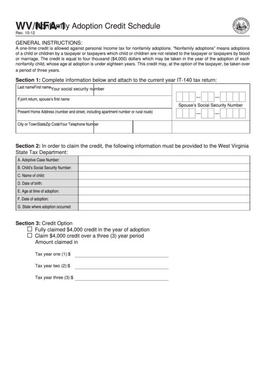 Form Wv/nfa-1 - Nonfamily Adoption Credit Schedule Printable pdf