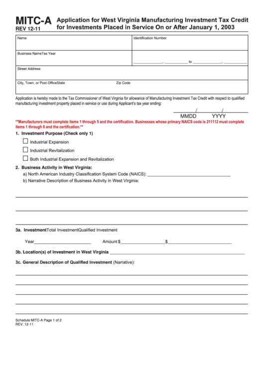 Form Mitc-A - Application For West Virginia Manufacturing Investment Tax Credit For Investments Placed In Service On Or After January 1, 2003 Printable pdf