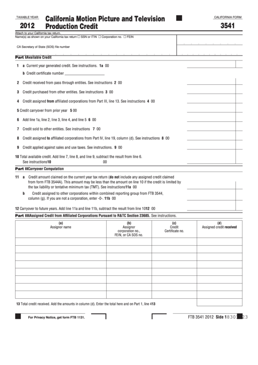 Fillable California Form 3541 - California Motion Picture And Television Production Credit - 2012 Printable pdf