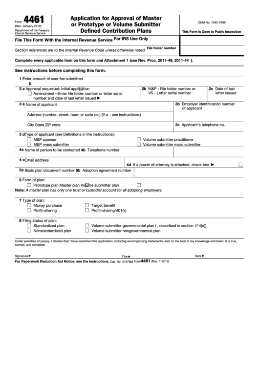 Fillable Form 4461 - Application For Approval Of Master Or Prototype Or Volume Submitter Defined Contribution Plans Printable pdf