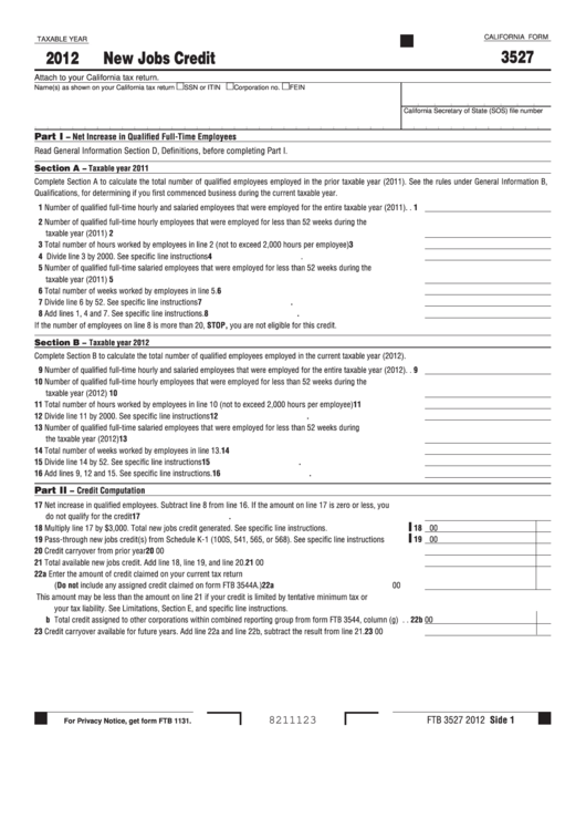 Fillable California Form 3527 - New Jobs Credit - 2012 Printable pdf