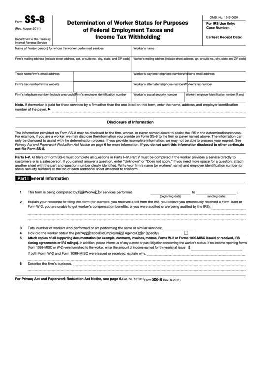Fillable Form Ss-8 - Determination Of Worker Status For Purposes Of Federal Employment Taxes And Income Tax Withholding Printable pdf