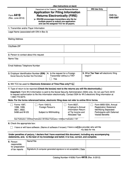 Fillable Form 4419 - Application For Filing Information Returns Electronically (Fire) Printable pdf