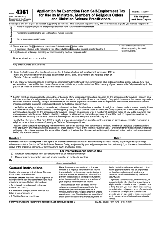 Fillable Form 4361 - Application For Exemption From Self-Employment Tax For Use By Ministers, Members Of Religious Orders And Christian Science Practitioners Printable pdf