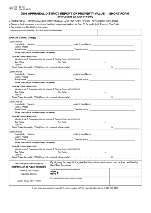 Form 50-254 - 2006 Appraisal District Report Of Property Value Short ...