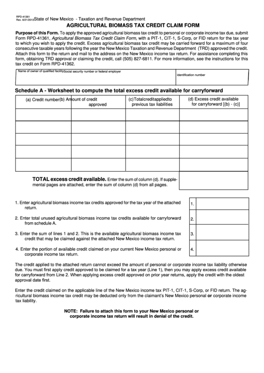 Form Rpd-41361 -Agricultural Biomass Tax Credit Claim Form Printable pdf
