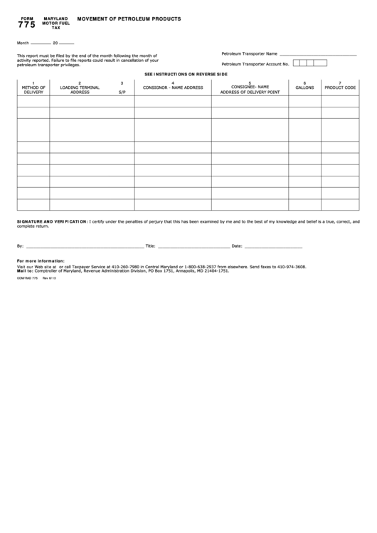 Fillable Form 775 - Maryland Motor Fuel Tax - Movement Of Petroleum Products Printable pdf