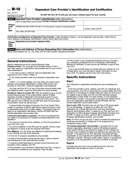 Fillable Form W-10 - Dependent Care Provider