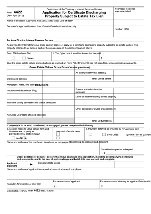 Fillable Form 4422 - Application For Certificate Discharging Property Subject To Estate Tax Lien Printable pdf