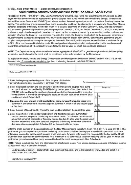 Form Rpd-41346 - Geothermal Ground-Coupled Heat Pump Tax Credit Claim Form With Schedules Printable pdf