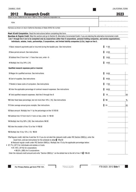 Fillable California Form 3523 - Research Credit - 2012 Printable pdf