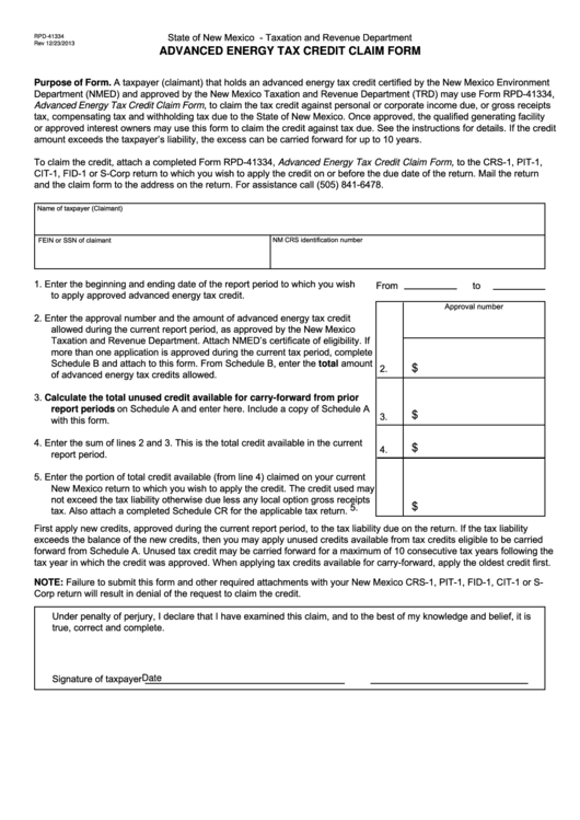 Form Rpd-41334 - Advanced Energy Tax Credit Claim Form With Schedules Printable pdf