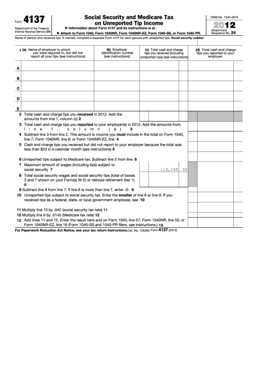 Fillable Form 4137 - Social Security And Medicare Tax On Unreported Tip Income - 2012 Printable pdf