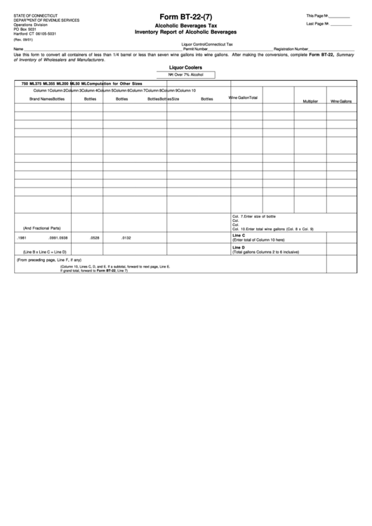 Fillable Form Bt-22-(7) - Alcoholic Beverages Tax - Inventory Report Of Alcoholic Beverages Printable pdf