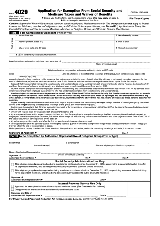 Fillable Form 4029 - Application For Exemption From Social Security And Medicare Taxes And Waiver Of Benefits Printable pdf