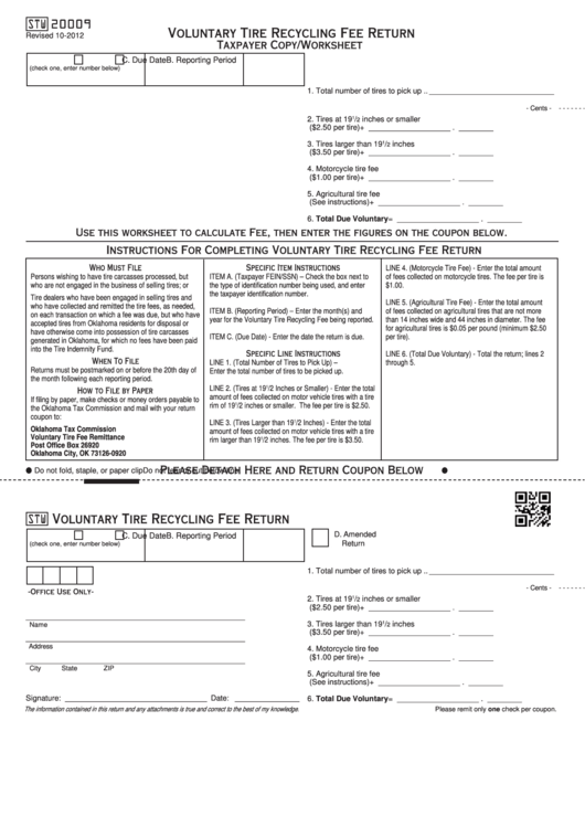 Fillable Form Stw20009 - Voluntary Tire Recycling Fee Return Printable pdf