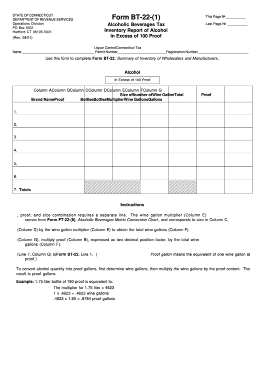 Fillable Form Bt-22-(1) - Alcoholic Beverages Tax - Inventory Report Of Alcohol In Excess Of 100 Proof Printable pdf
