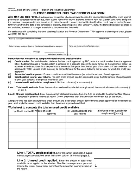 Form Rpd-41340 - Blended Biodiesel Fuel Tax Credit Claim Form Printable pdf
