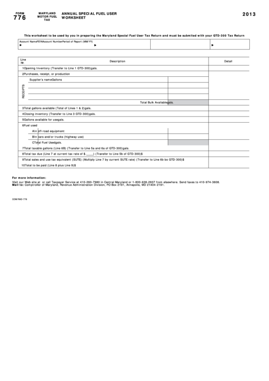 Fillable Form 776 - Maryland Motor Fuel Tax - Annual Special Fuel User Worksheet - 2013 Printable pdf