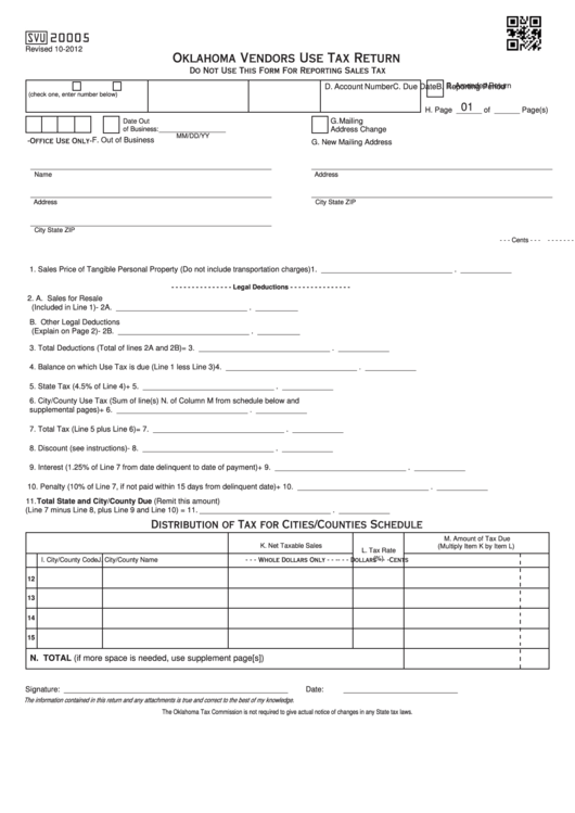 Fillable Form Svu20005 - Oklahoma Vendors Use Tax Return Printable pdf