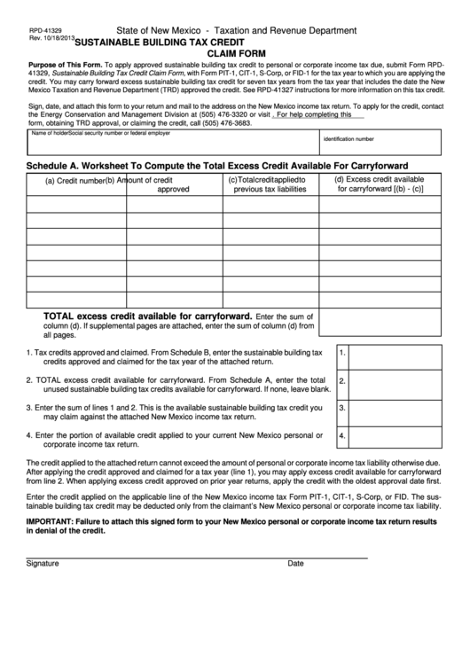 Form Rpd-41329 - Sustainable Building Tax Credit Claim Form With Schedule B Printable pdf
