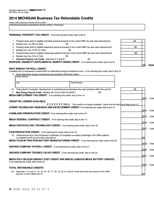 Form 4574 - Michigan Business Tax Refundable Credits - 2014 Printable pdf