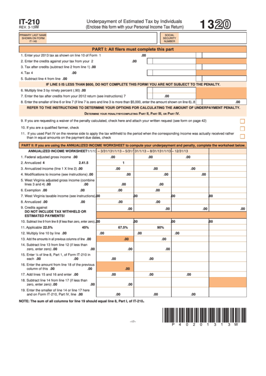 Fillable Form It-210 - Underpayment Of Estimated Tax By Individuals - 2013 Printable pdf