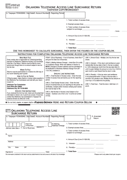 Fillable Form Stt20010 - Pklahoma Telephone Access Line Surcharge Return Printable pdf