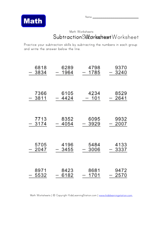 Math Subtraction Worksheet Printable pdf