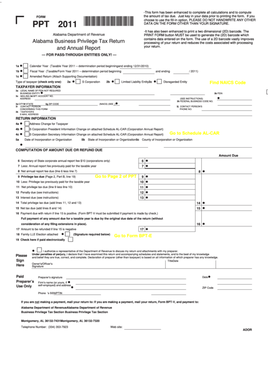 Fillable Form Ppt - Alabama Business Privilege Tax Return And Annual Report - 2011 Printable pdf