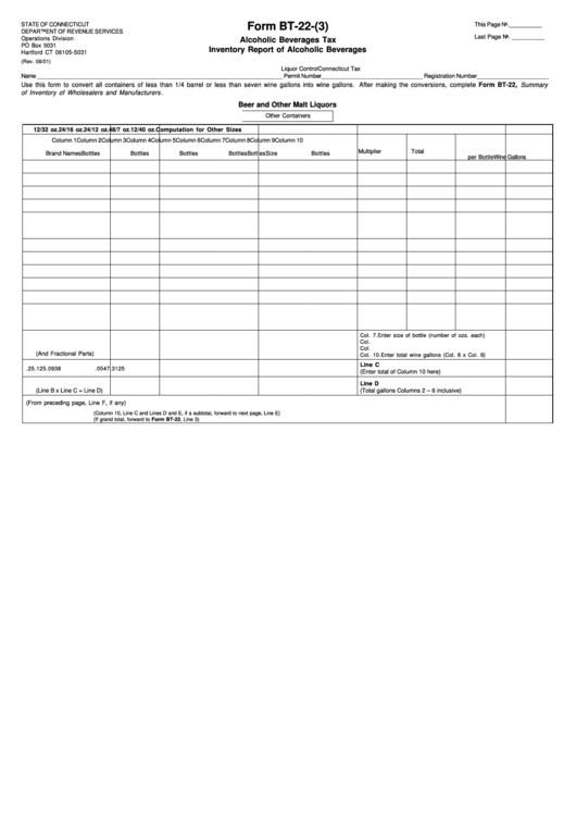 Fillable Form Bt-22-(3) - Alcoholic Beverages Tax - Inventory Report Of Alcoholic Beverages Printable pdf