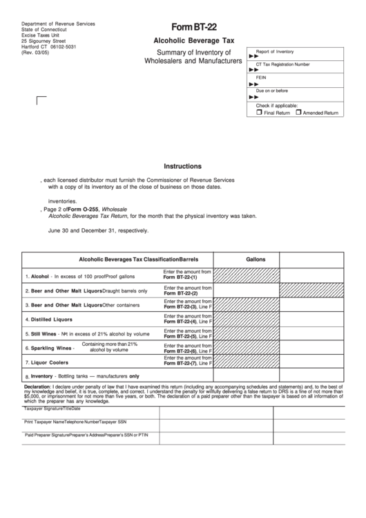 Form Bt-22 - Alcoholic Beverage Tax - Summary Of Inventory Of Wholesalers And Manufacturers Printable pdf
