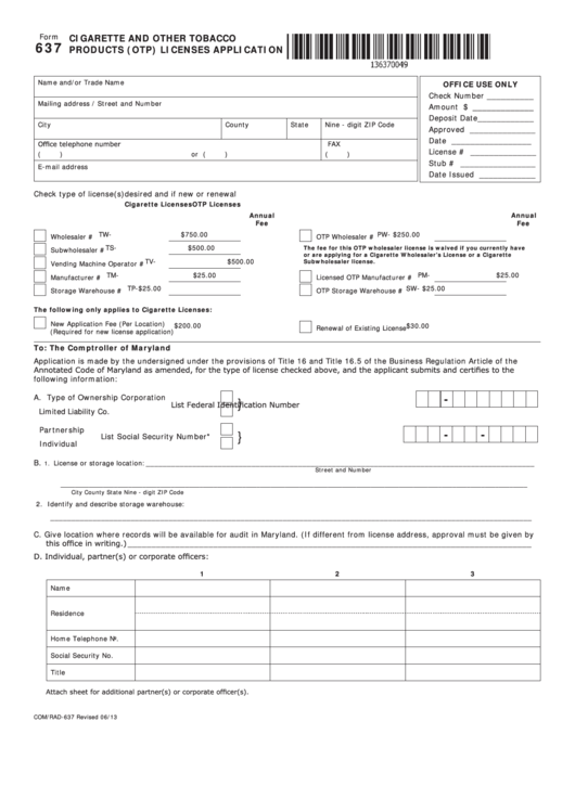 Fillable Form 637 - Cigarette And Tobacco Products (Otp) Licenses Application Printable pdf