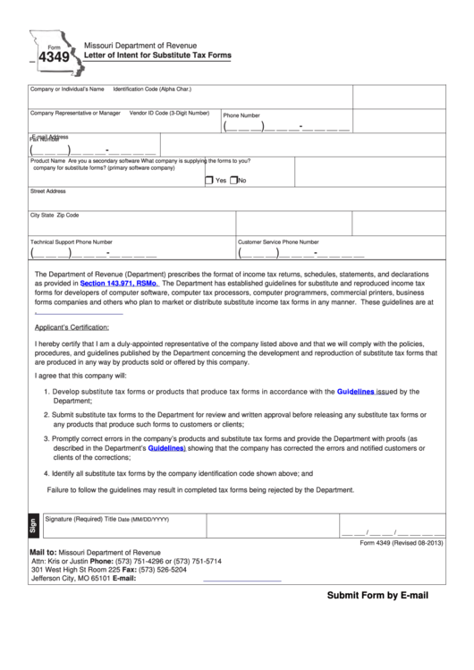 Fillable Form 4349 - Letter Of Intent For Substitute Tax Forms Printable pdf